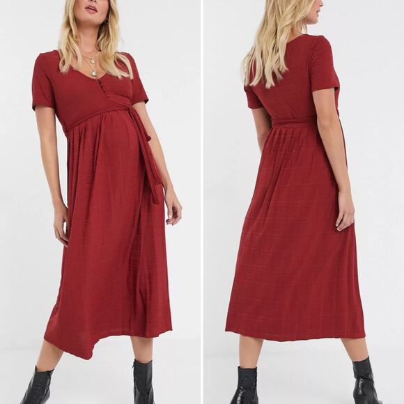 ASOS Size 14 Textured Button V-neck Dress MaxiTie Waist Rust Red - Picture 2 of 12